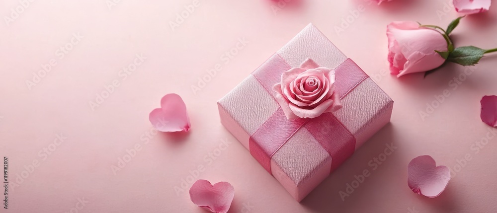 A delicate pink rose rests gracefully on a soft pink box, symbolizing love and affection, perfect for expressing heartfelt emotions on Valentine's Day. A delicate pink rose rests gracefully on a soft pink box, symbolizing love and affection, perfect for expressing heartfelt emotions on Valentine's Day.