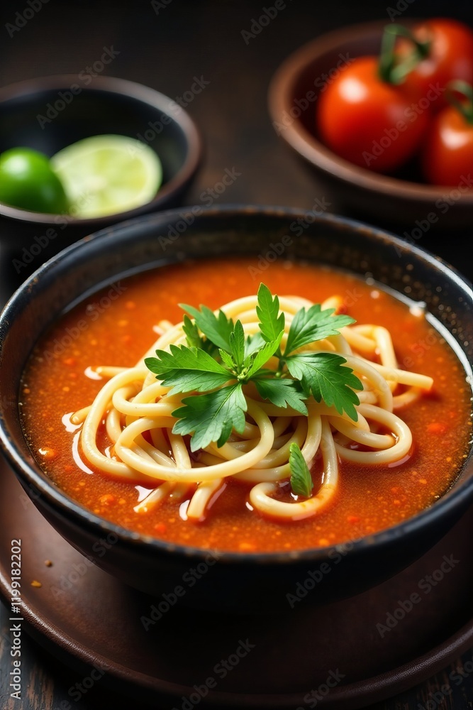 A delicious bowl of spaghetti in rich tomato sauce garnished with fresh herbs. A delicious bowl of spaghetti in rich tomato sauce garnished with fresh herbs.