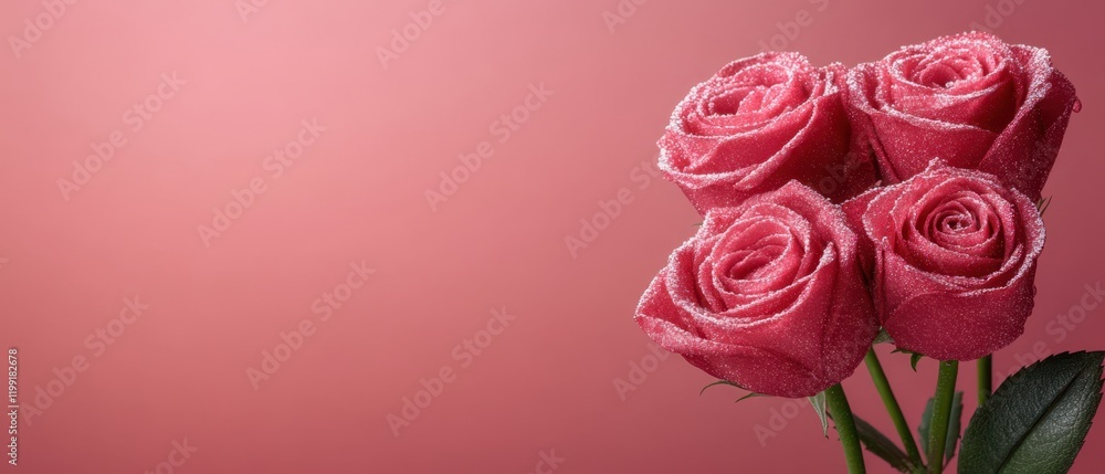 Four delicate pink roses stand proudly in a crystal vase, adorned with glistening water droplets, radiating love and warmth for Valentine's Day. Four delicate pink roses stand proudly in a crystal vase, adorned with glistening water droplets, radiating love and warmth for Valentine's Day.
