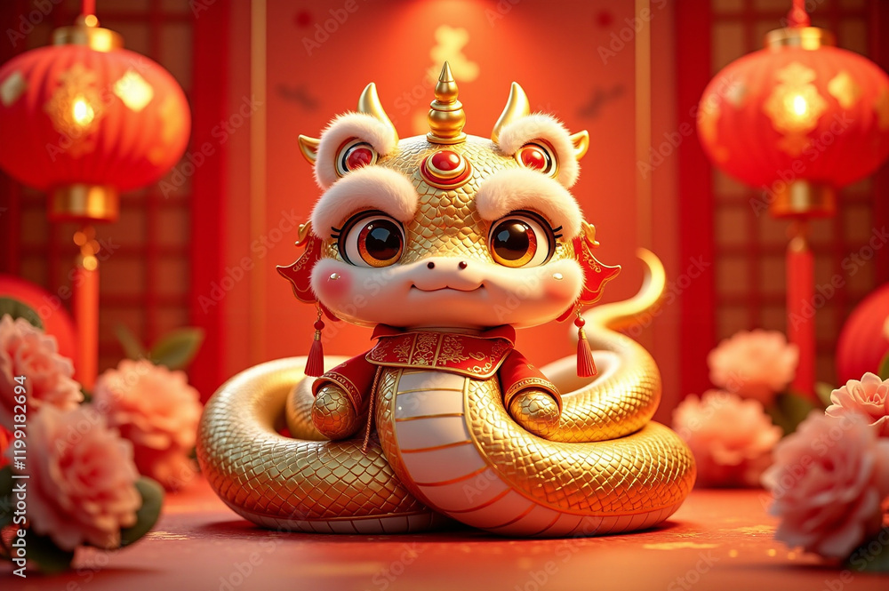 Fototapeta premium Rose Gold Delight: Charming Lunar New Year Scene with Rosy Snake and Festive Flourishes