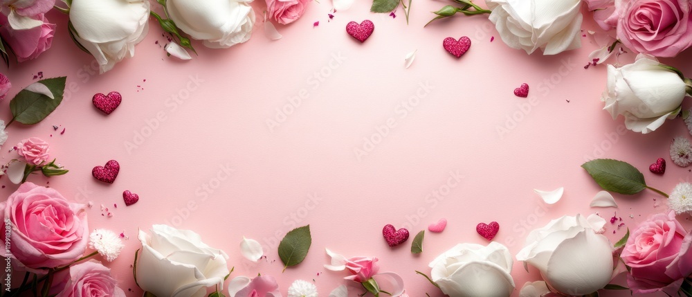 A beautiful circle of vibrant roses and delicate hearts radiates love against a soft pink backdrop, perfect for celebrating Valentine's Day. A beautiful circle of vibrant roses and delicate hearts radiates love against a soft pink backdrop, perfect for celebrating Valentine's Day.