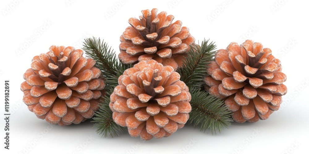 Fototapeta premium Frosted Pine Cones with Evergreen Branches: A Festive Winter Arrangement