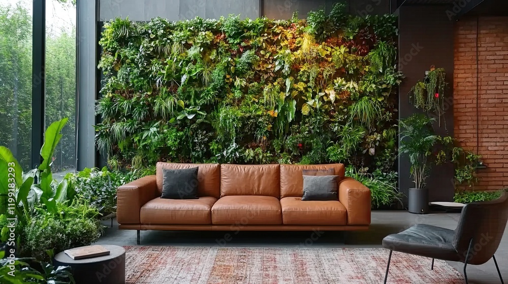 Fototapeta premium A stylish home interior features a vibrant plant wall, creating a lush, natural atmosphere of greenery.