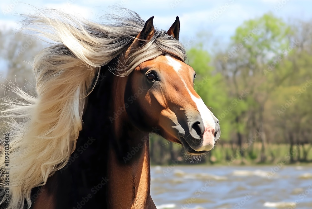Fototapeta premium Horse in motion with flowing mane. Nature animal equestrian portrait.
