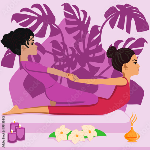 Thai massage. Therapy and treatment by professional therapist in SPA. Isolated flat vector illustration. Indian and Eastern ethnicity.