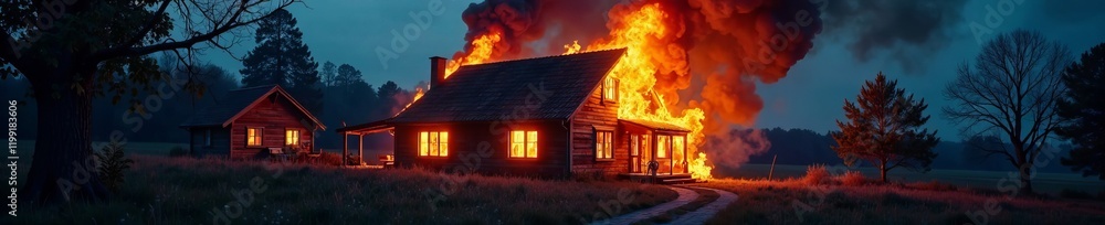 A dramatic scene of a house engulfed in flames during a nighttime fire. A dramatic scene of a house engulfed in flames during a nighttime fire.