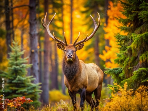 Majestic Elk in Thompson Falls Forest - AI Photo photo