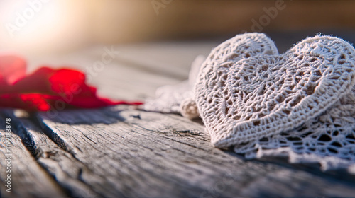 Heart shaped object placed on a wooden table with a lace heart doily in a well lit environment showcasing high detail and sharp focus photo