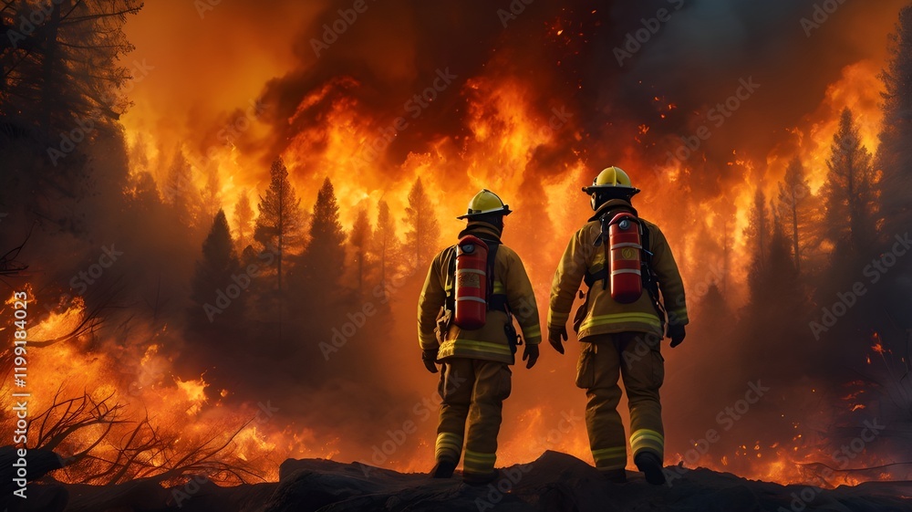 Naklejka premium Firefighters battling a massive forest fire , using hoses and equipment, with flames and smoke surrounding the rugged landscape,Generative Ai 