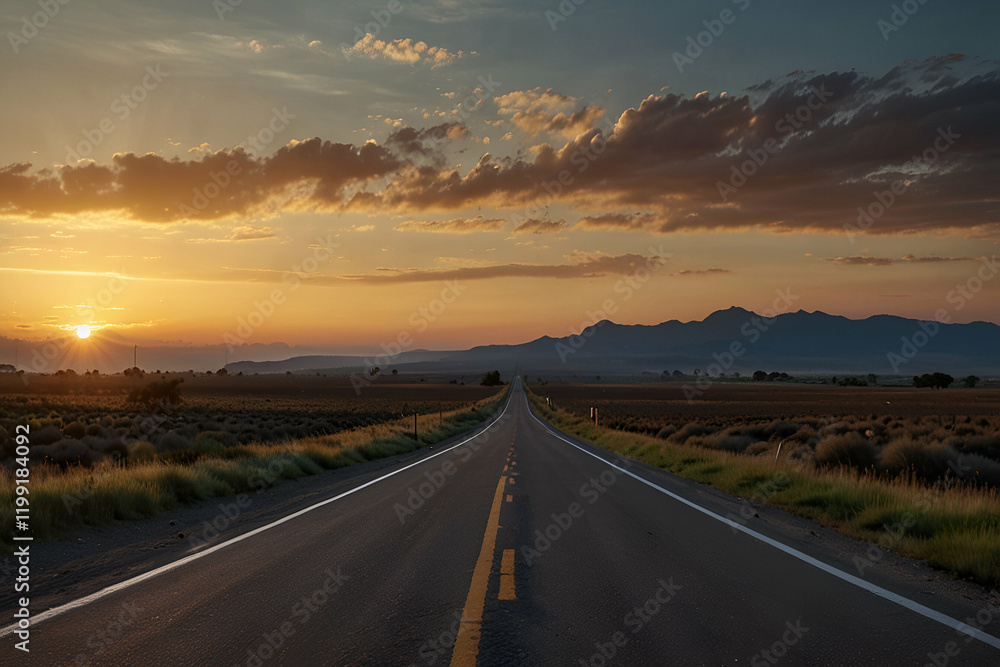 Naklejka premium A quiet, open road leading into a vibrant sunrise, capturing the essence of a fresh start with time slipping away.