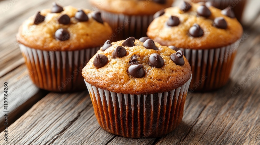 Delicious chocolate chip muffins arranged on rustic wooden surfa Delicious chocolate chip muffins arranged on rustic wooden surfa