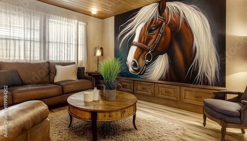 Horse mural, equestrian art, living room interior with flowing horse mane wall art. photo