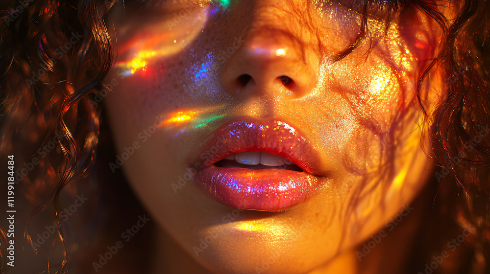 Close-up portrait woman face illuminated vibrant disco lights colorful reflection dynamic artistic visual party atmosphere skin lips youth young girl adult gaze look swim model refraction photography Close-up portrait woman face illuminated vibrant disco lights colorful reflection dynamic artistic visual party atmosphere skin lips youth young girl adult gaze look swim model refraction photography