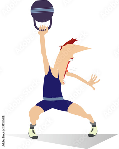 Sportsperson. Weightlifter. Kettlebell. 
Man does exercises with the heavy sports kettlebell. Cartoon man lifting a heavy kettlebell by one hand 

