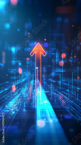 Red glowing arrow rising on digital binary code background suggesting increasing business and technology development