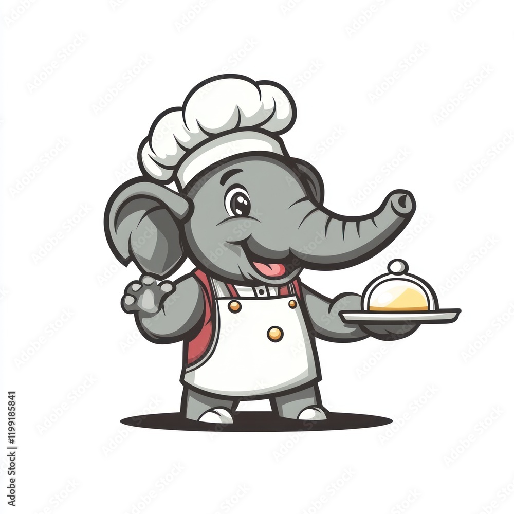 Elephant chef holds covered food dish; a cartoon illustration for food or cooking purposes Elephant chef holds covered food dish; a cartoon illustration for food or cooking purposes