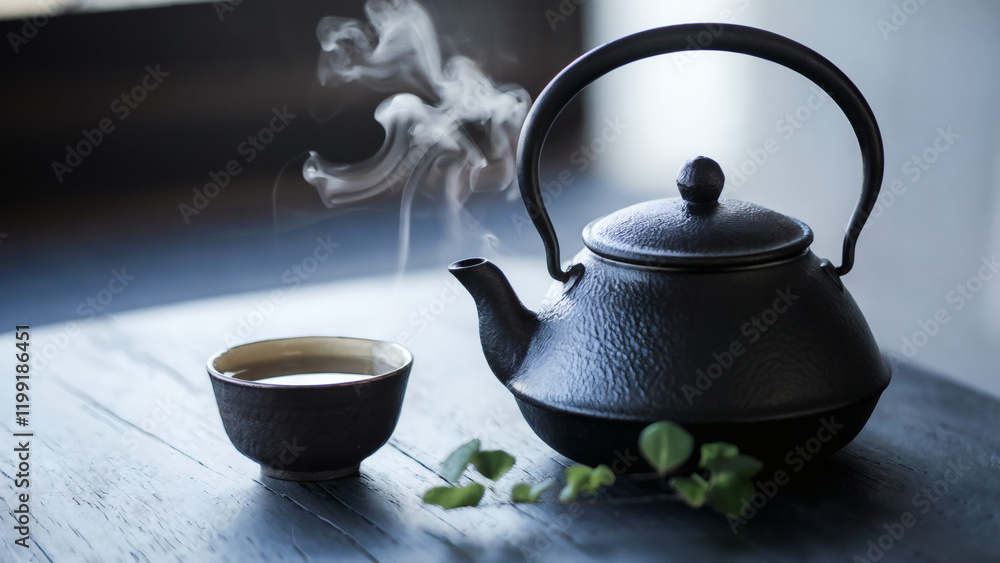 Quietness, Cast Iron Kettle and Tea Cup with Hot Green Tea Quietness, Cast Iron Kettle and Tea Cup with Hot Green Tea