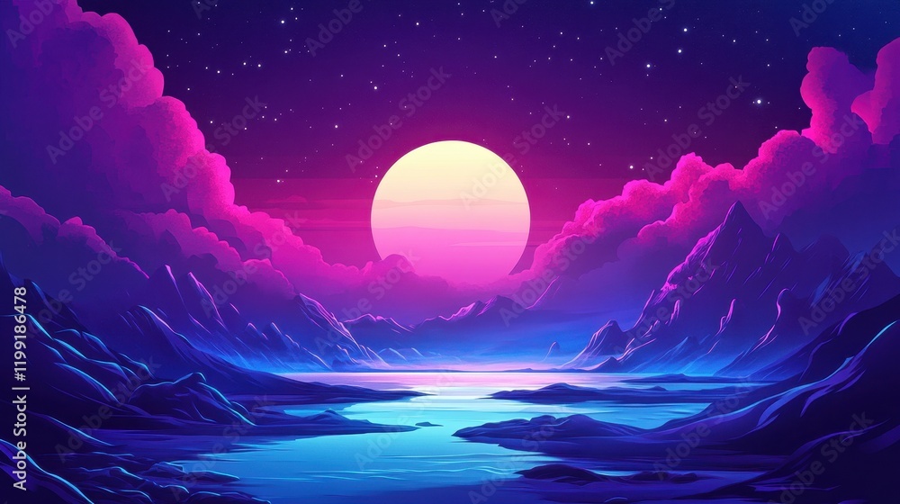 Obraz premium Serene Nightscape Mountains Moonlit Lake Stars