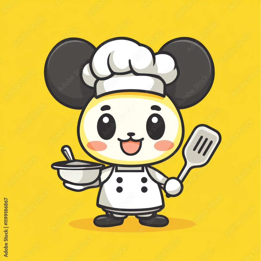 Mouse chef holds cookware, on yellow background, for use in cooking education material Mouse chef holds cookware, on yellow background, for use in cooking education material