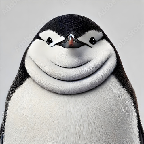 Chubby Penguin Close-up: A charmingly plump penguin, its expression both curious and endearing, stares directly at the camera in this close-up portrait. photo