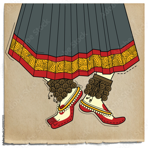 vector illustration of desi retro (Indian) art style classical feet with ghungroo.
