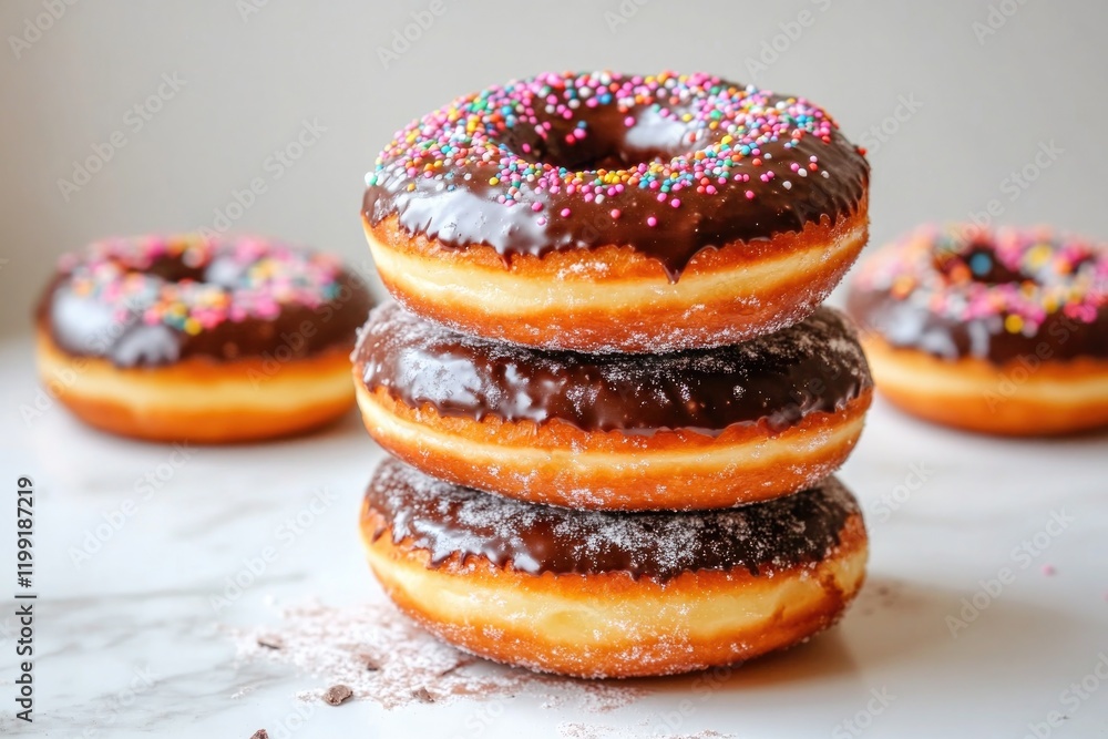 Delicious chocolate frosted donuts stacked elegantly with colorf Delicious chocolate frosted donuts stacked elegantly with colorf