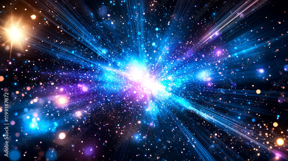 Naklejka premium Cosmic Explosion: A vibrant burst of light and energy in the vast expanse of the universe. A breathtaking celestial event captured in stunning detail.