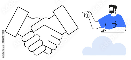 Handshake symbolizes agreement, cooperation man pointing indicates guidance, direction cloud signifies ideas, innovation. Ideal for teamwork, support, mentorship, guidance, strategy problem-solving