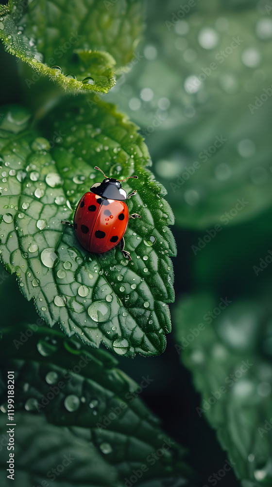 Close-up of a Vibrant Red and Black Ladybug on a Dew-covered Leaf in Nature's Splendor