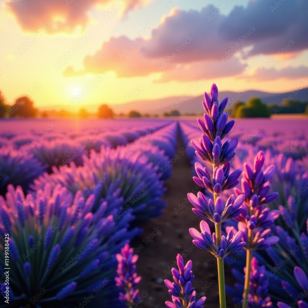 Obraz premium Golden hour light bathes purple lavender, idyllic scene, picture, peaceful
