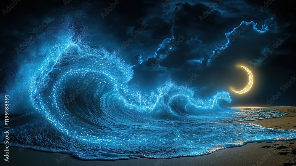 Fototapeta premium Bioluminescent beach waves in abstract motion