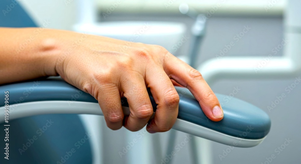 A close-up of a person’s hand tightly gripping the armrest of a dental chair, showcasing the anxiety and nervousness before a dental procedure. A close-up of a person’s hand tightly gripping the armrest of a dental chair, showcasing the anxiety and nervousness before a dental procedure.