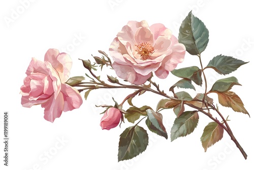 Delicate pink roses with buds and leaves on a branch, isolated on white.