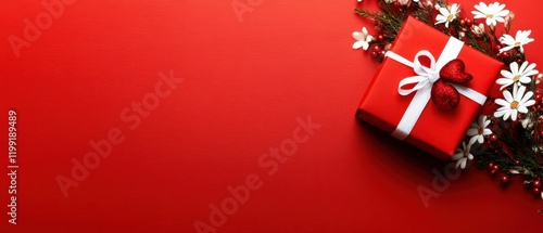 A charming red gift box adorned with a delicate white ribbon and a festive red bow, perfect for expressing love on Valentine's Day.