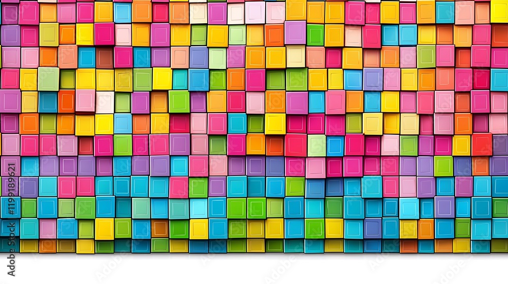 Fototapeta premium A vibrant 3D arrangement of brightly colored cubes stacked at varying heights, creating a geometric pattern