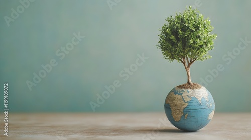 Green Tree Growing on Vintage World Globe Sustainable Planet Earth Ecology Nature Image Environmental Conservation Global Growth Eco Friendly Concept            photo