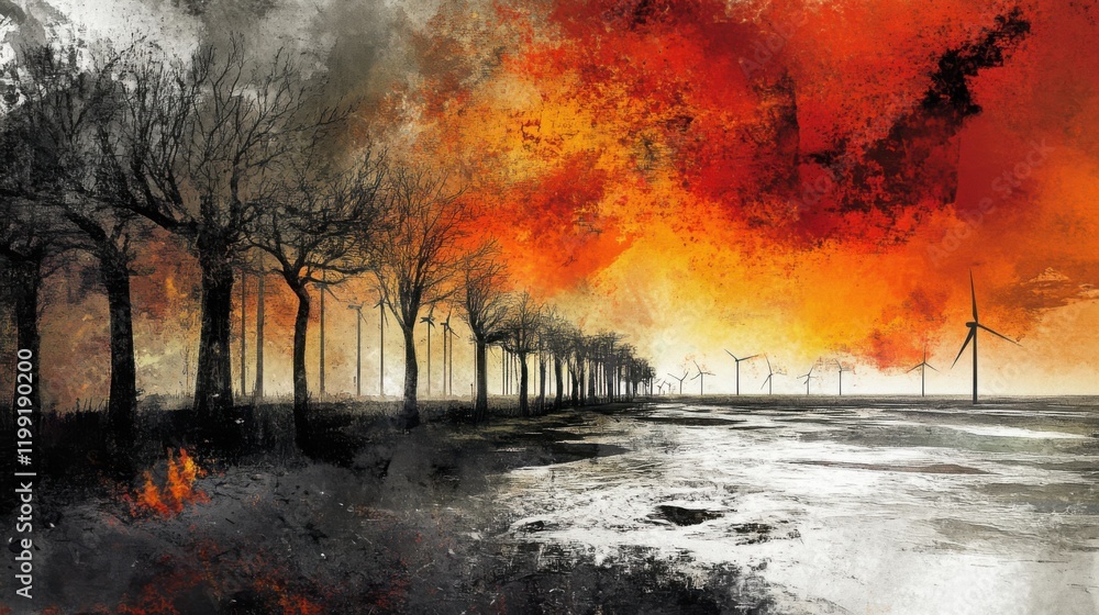 Dramatic sunset over a desolate landscape with wind turbines and barren trees, evoking climate change Dramatic sunset over a desolate landscape with wind turbines and barren trees, evoking climate change