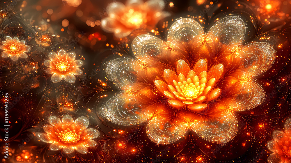 Fototapeta premium Fiery Floral Fractal: Glowing Orange Blossom, Abstract Art