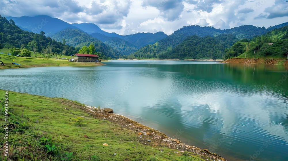 A peaceful lake surrounded by mountains and vibrant greenery. A peaceful lake surrounded by mountains and vibrant greenery.