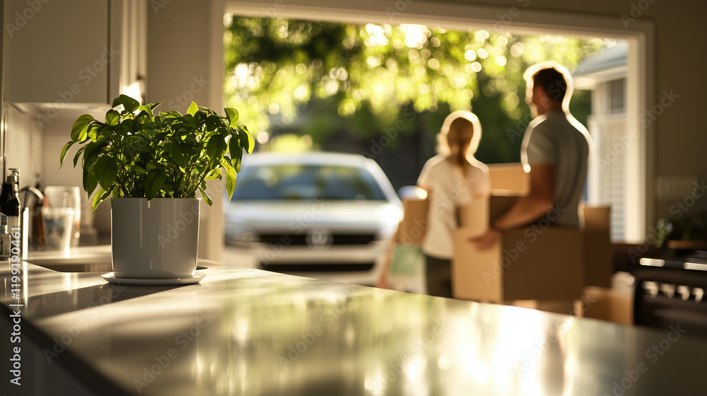 A mother adjusts a houseplant on a new kitchen counter while the father and children bring in more boxes from the car, the family dynamic showcasing warmth and unity. A mother adjusts a houseplant on a new kitchen counter while the father and children bring in more boxes from the car, the family dynamic showcasing warmth and unity.