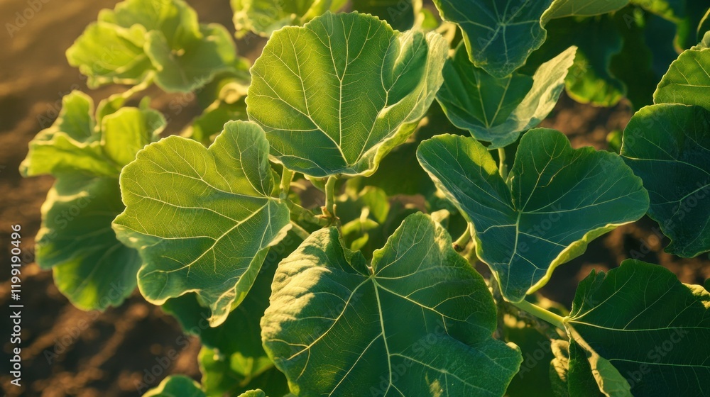 A close up of vibrant green fig leaves bathed in soft sunlight showcases nature's beauty A close up of vibrant green fig leaves bathed in soft sunlight showcases nature's beauty