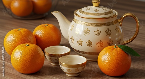 Elegant Traditional Chinese Tea Set with Gold Patterns, Accented by Fresh Oranges and Tangerines photo