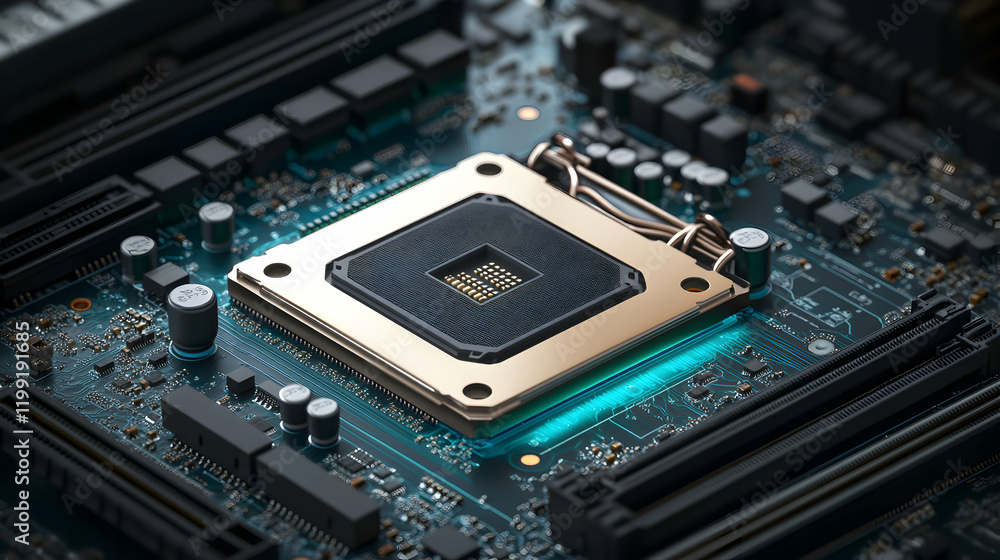 Close-up view of a computer processor installed on a motherboard, showcasing intricate circuitry and technological detail. Close-up view of a computer processor installed on a motherboard, showcasing intricate circuitry and technological detail.