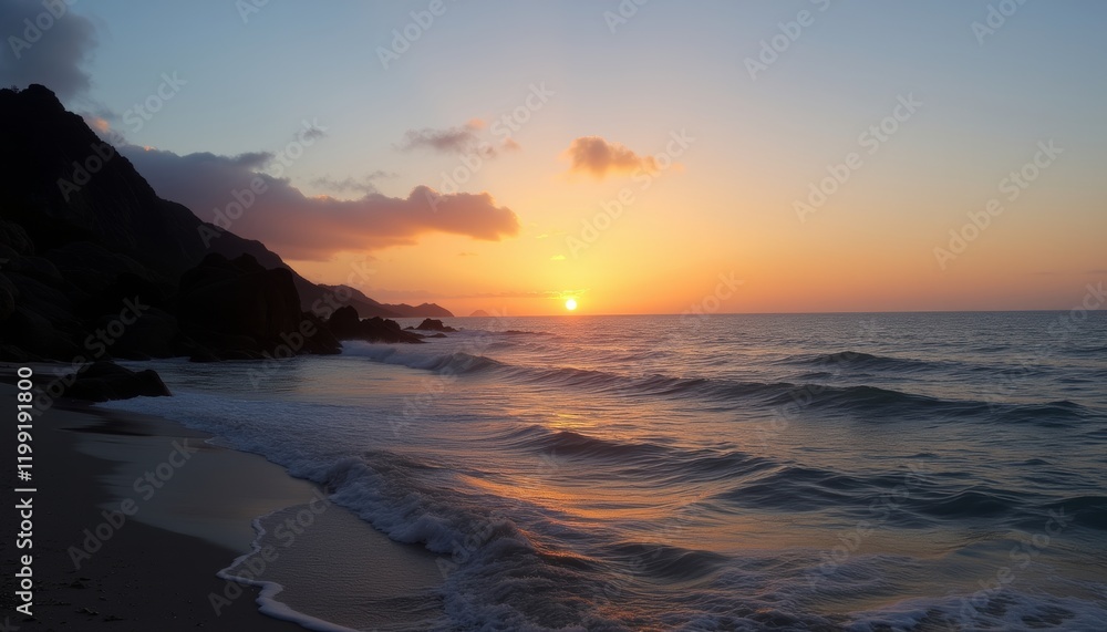 Obraz premium Golden sunset over ocean waves and beach