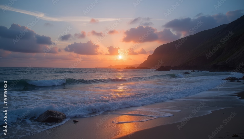 Obraz premium Golden sunset over ocean waves and beach