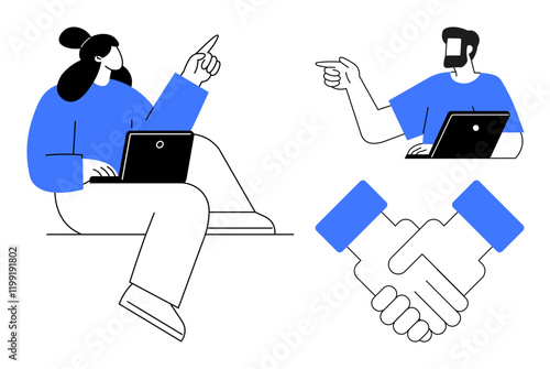 Two team members working on laptops, pointing and communicating, and an illustrative handshake representing partnership. Ideal for teamwork, remote collaboration, communication, business
