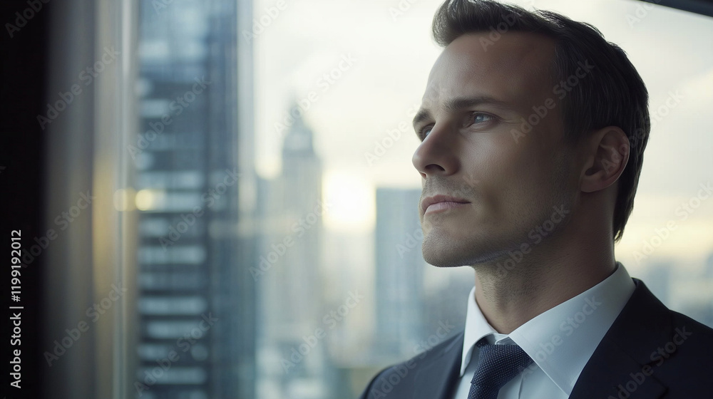 Young executive contemplating city view. Suitable for business vision, corporate leadership, or urban success. Young executive contemplating city view. Suitable for business vision, corporate leadership, or urban success.