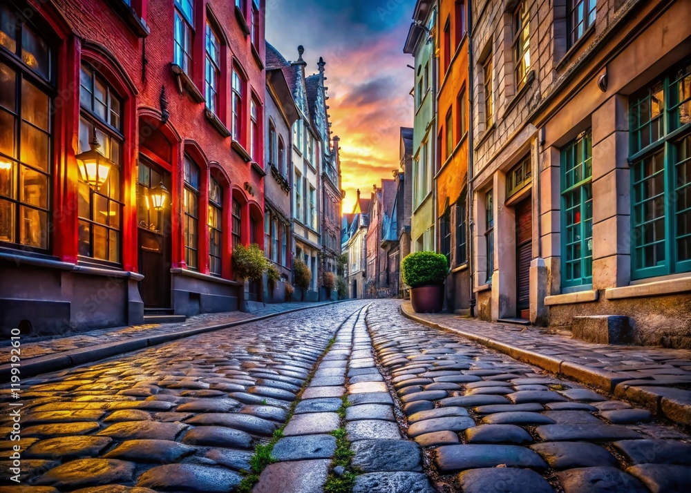 Fototapeta premium Medieval Gent Cobblestone Street - High Depth of Field