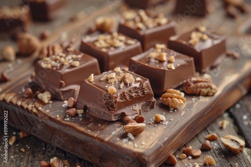 Chocolate squares with nuts rest on a wooden board, some partially eaten. Concept of indulgence and gourmet treats. For dessert advertising photo