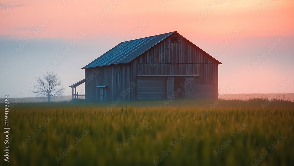 Lonely Farmhouse at Sunrise in a Misty Field Lonely Farmhouse at Sunrise in a Misty Field